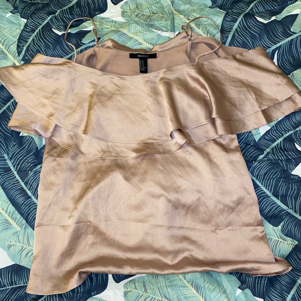 Off the shoulder, silky, tan, blouse